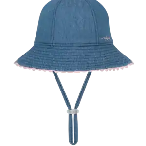 Blue denim baby hat with chin strap