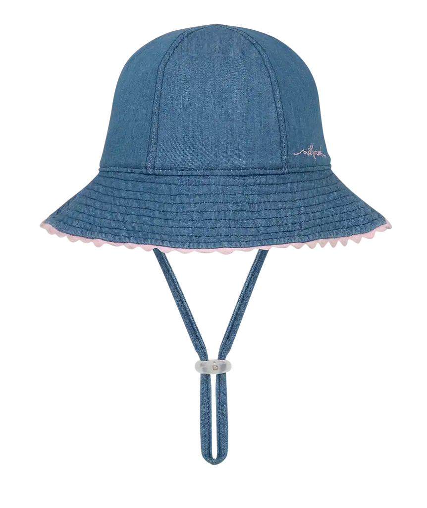Blue denim baby hat with chin strap