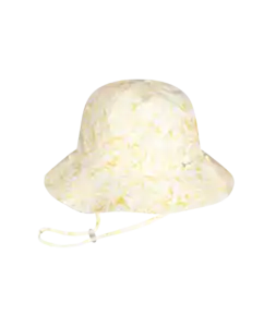 Floral yellow bucket hat with chin strap.