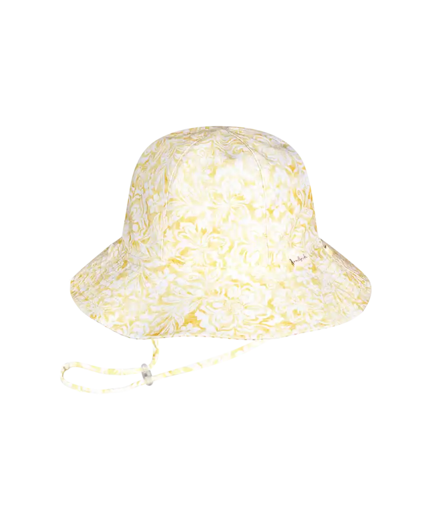 Floral yellow bucket hat with chin strap.