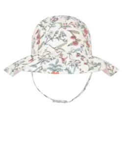 Floral-patterned wide-brimmed hat with chin strap.