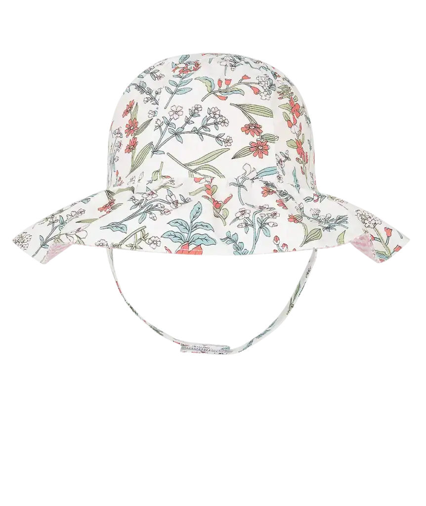 Floral-patterned wide-brimmed hat with chin strap.