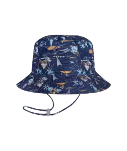 Navy bucket hat with tropical print pattern.