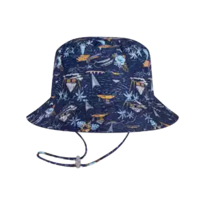 Navy bucket hat with tropical print pattern.