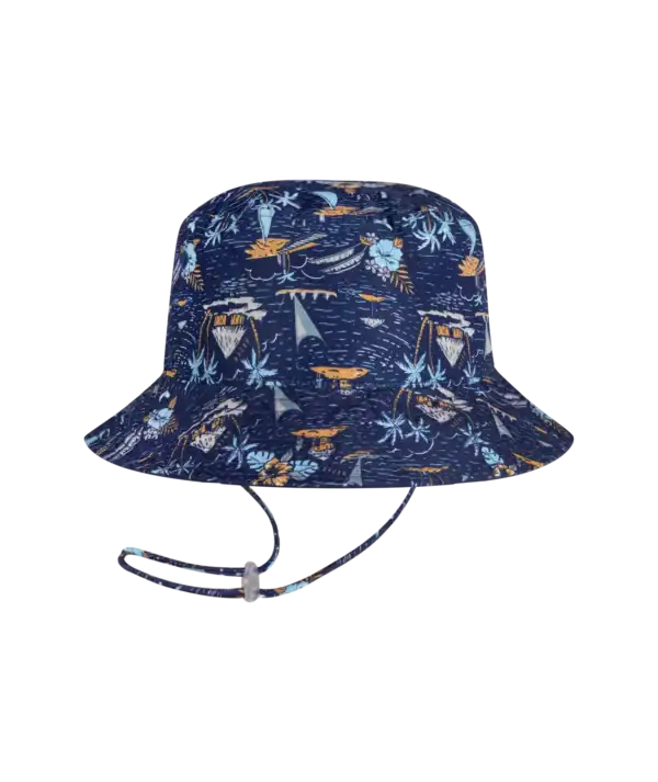 Navy bucket hat with tropical print pattern.