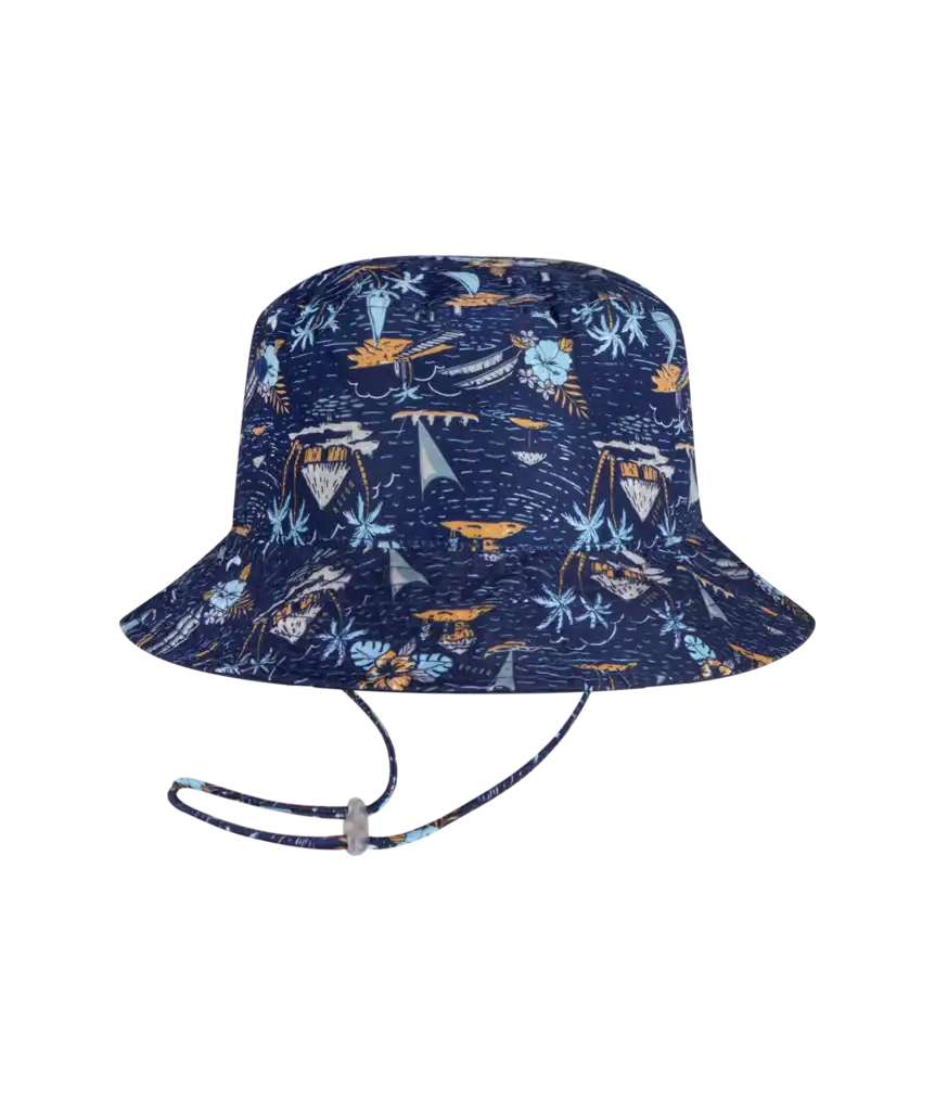 Navy bucket hat with tropical print pattern.