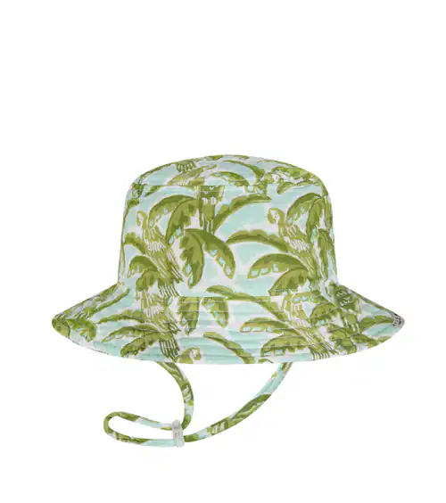 Green palm tree bucket hat with chin strap.