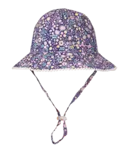 Floral sun hat with chin strap.