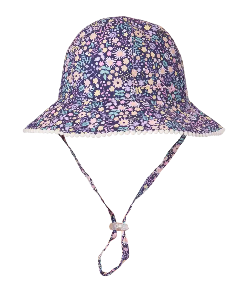 Floral sun hat with chin strap.