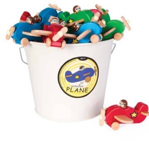 Bucket of colorful wooden toy planes