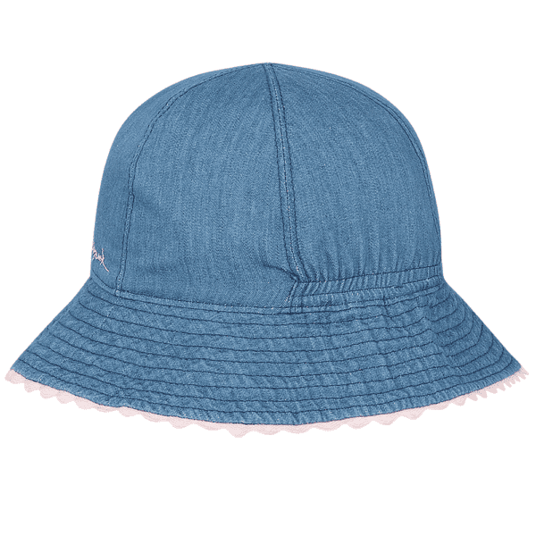 Blue denim bucket hat with pink trim.