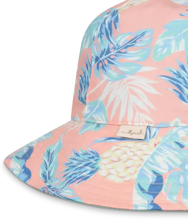 Pink bucket hat with blue tropical prints
