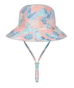 Floral pink and blue bucket hat with strap.