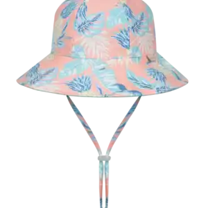 Floral pink and blue bucket hat with strap.