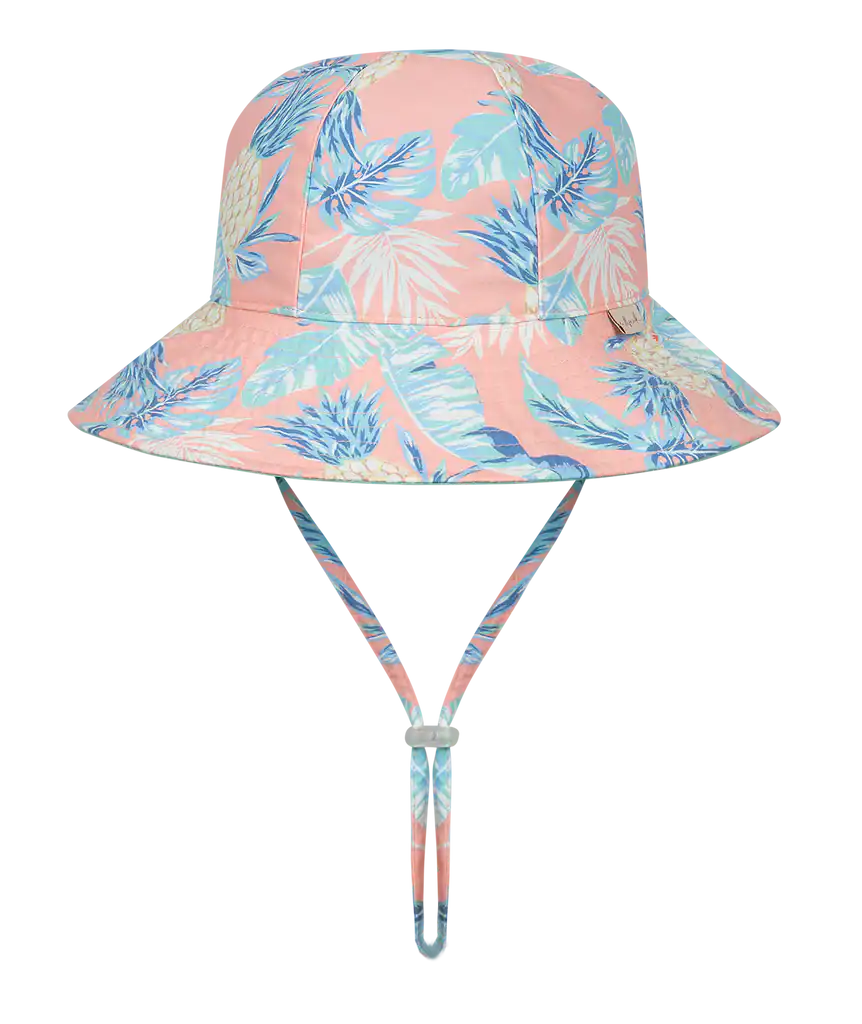 Floral pink and blue bucket hat with strap.