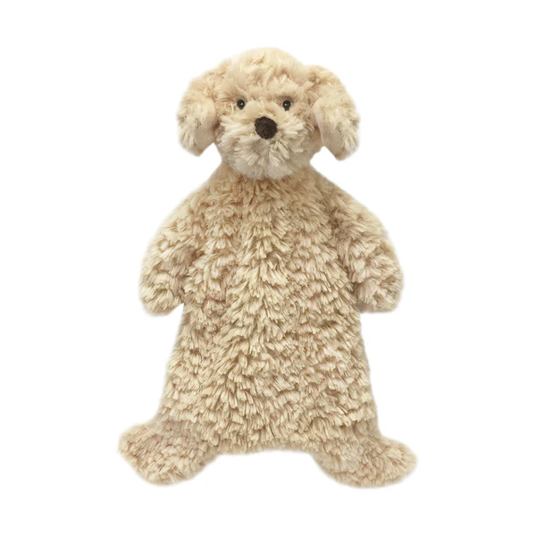 Plush dog puppet with fluffy beige fur.