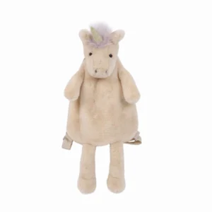 Plush unicorn backpack with straps and horn.