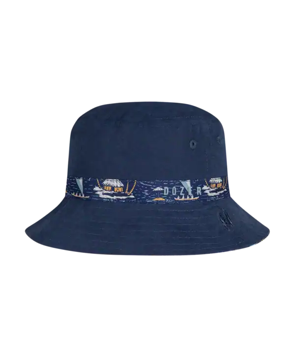 Navy bucket hat with colorful band design.