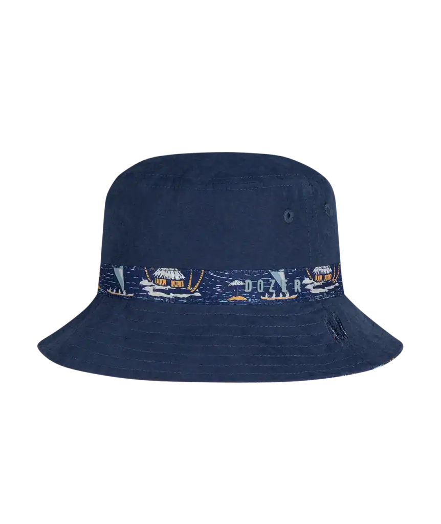 Navy bucket hat with colorful band design.