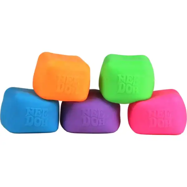 Five colorful squishy Nee Doh stress balls.