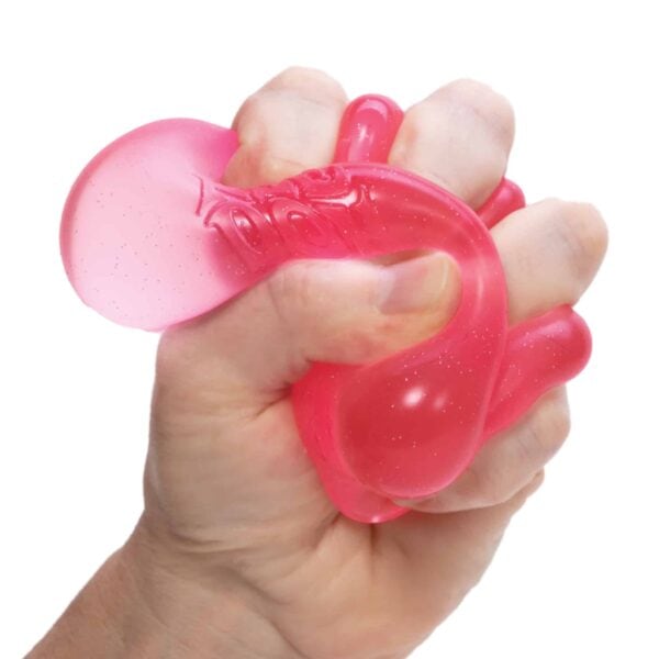 Hand squeezing pink stress ball.