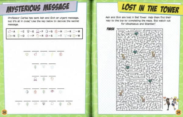 Mysterious message and maze puzzle pages.