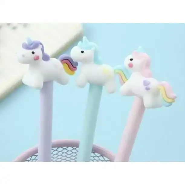 Three unicorn pens in blue basket.