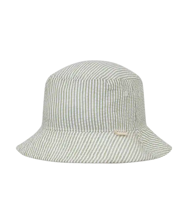 Striped bucket hat with wide brim.