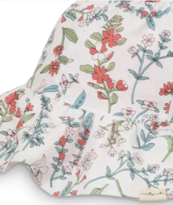 Floral-patterned hat with red and pink flowers.