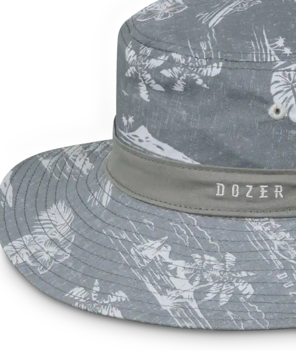 Gray bucket hat with white tropical pattern.