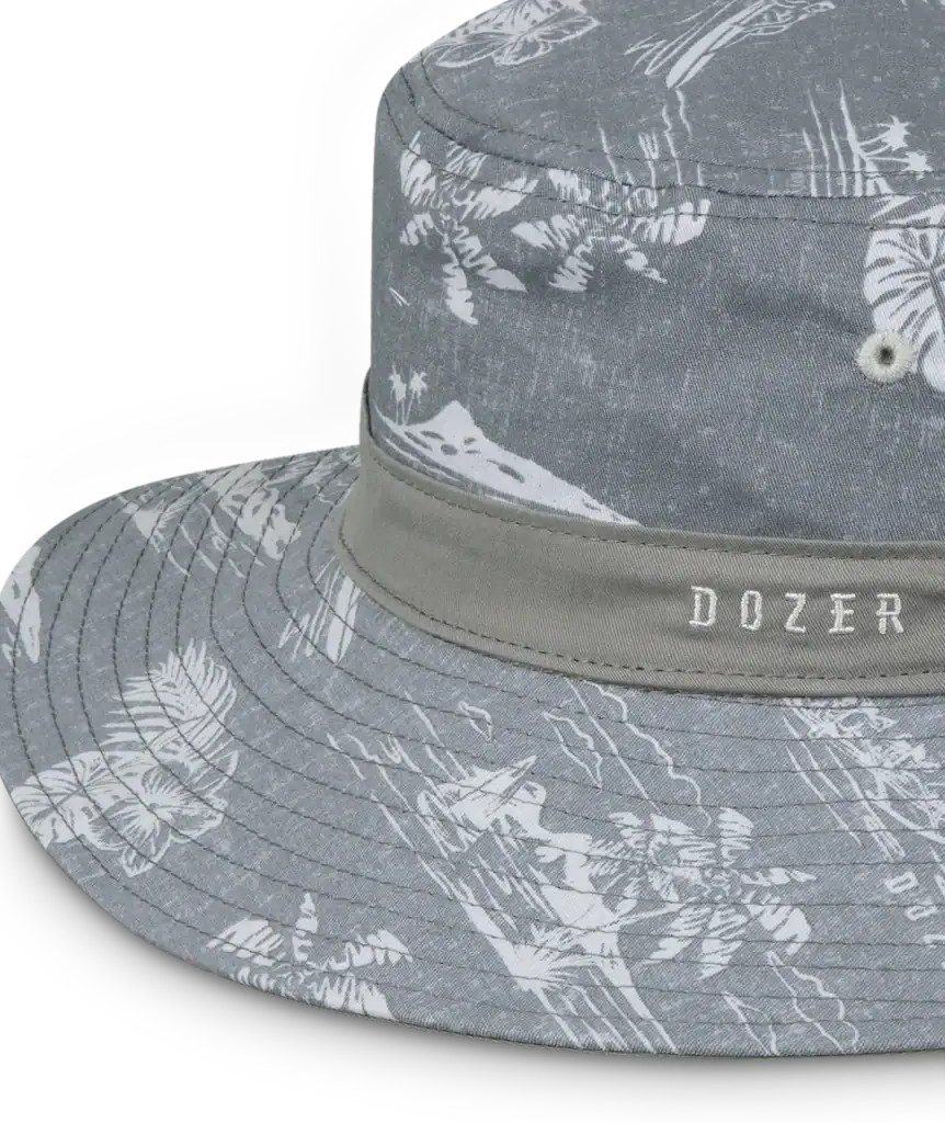 Gray bucket hat with white tropical pattern.