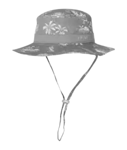 Gray patterned wide-brim hat with chin strap.