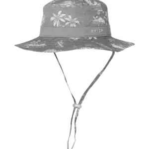 Gray patterned wide-brim hat with chin strap.