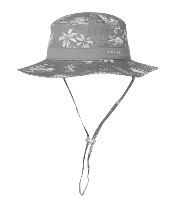 Gray patterned wide-brim hat with chin strap.