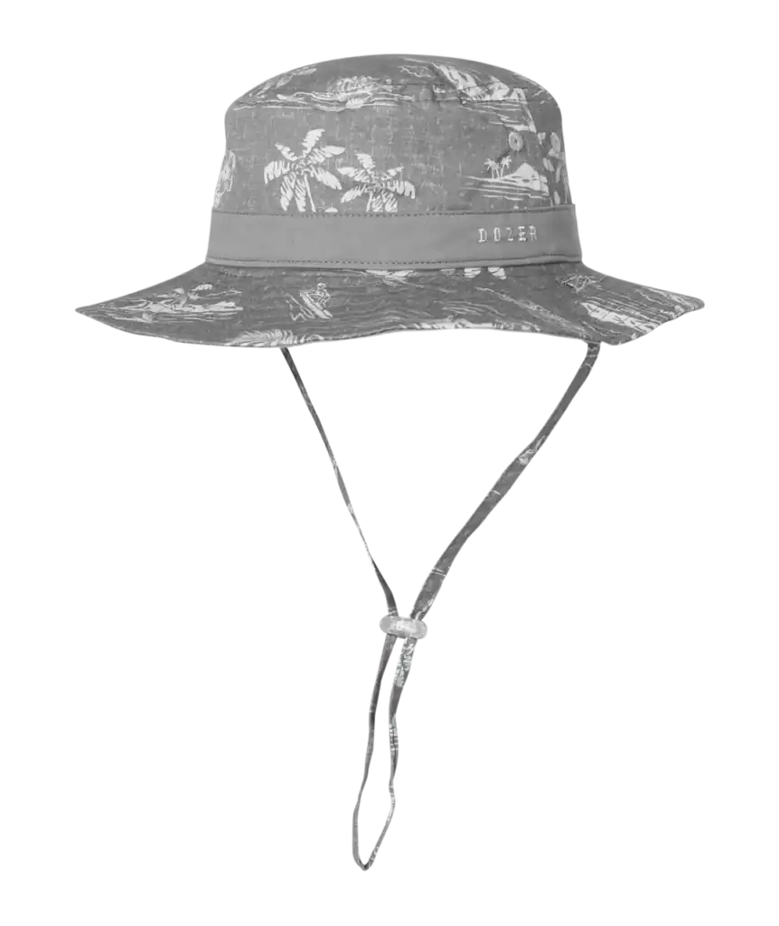 Gray patterned wide-brim hat with chin strap.