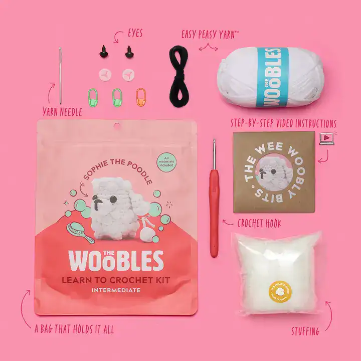 Crochet kit with tools and instructions.
