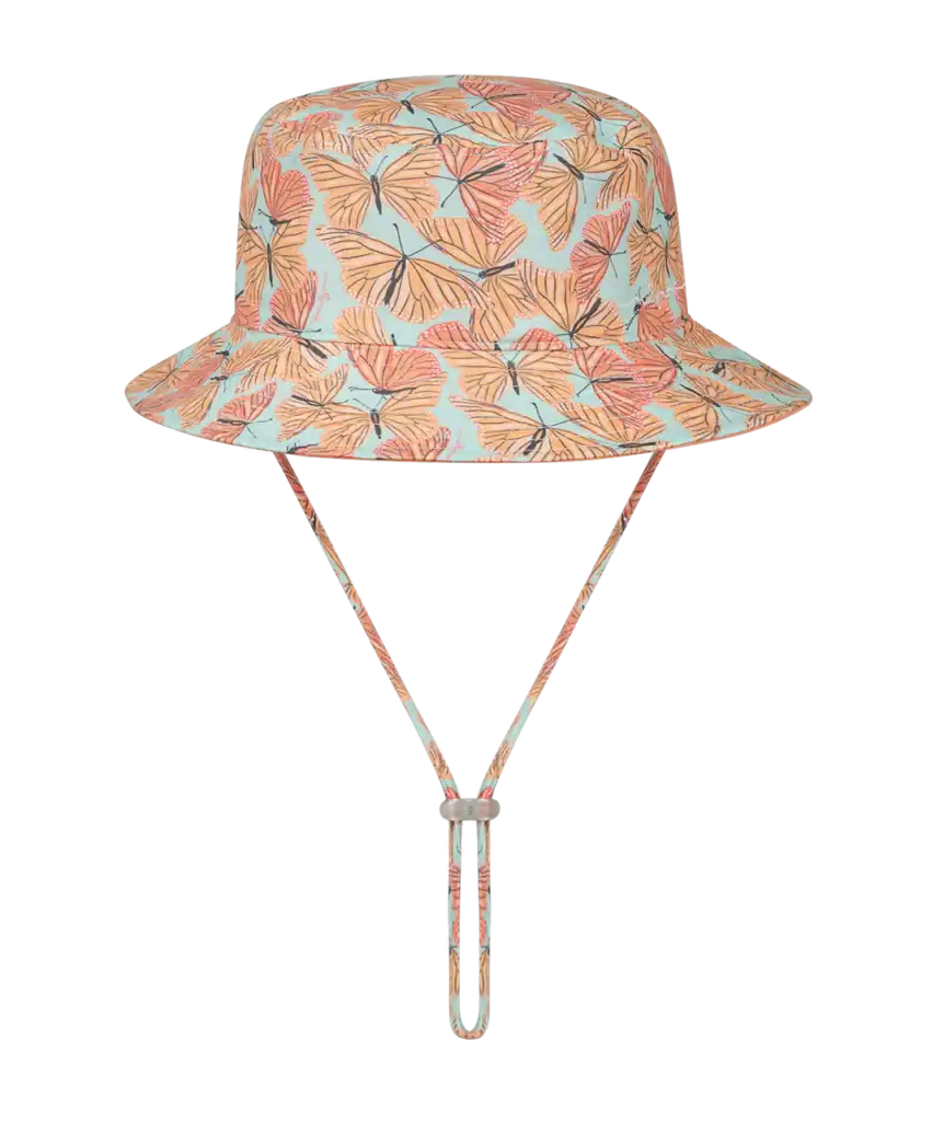 Colorful butterfly-patterned bucket hat with chin strap