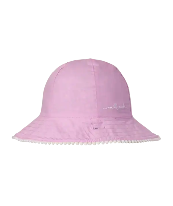 Pink bucket hat with white trim details.