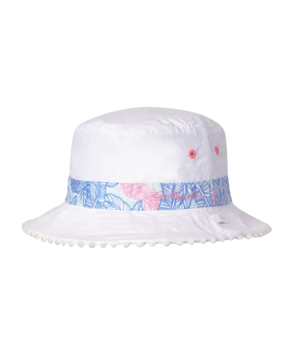 White bucket hat with floral print band.