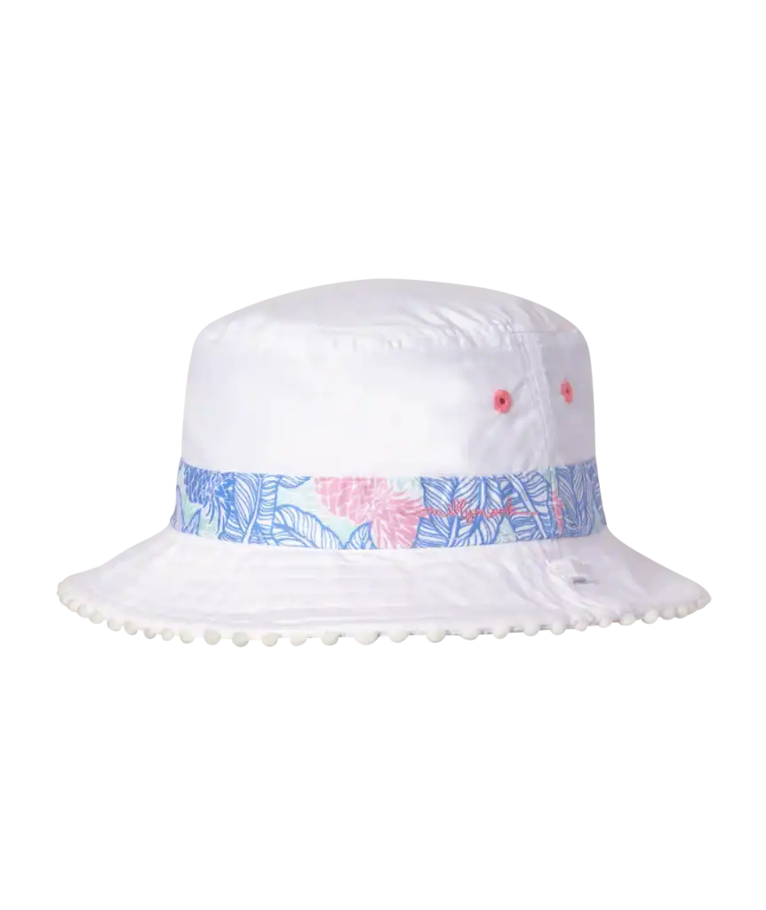 White bucket hat with floral print band.