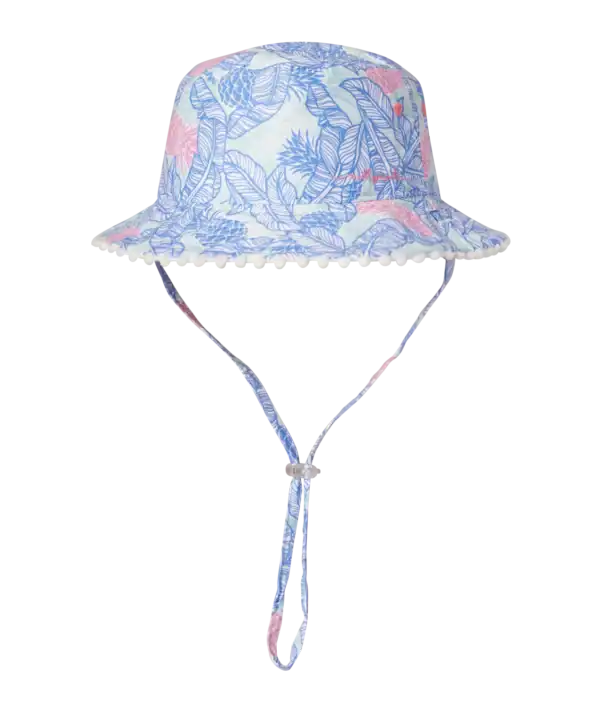 Blue floral bucket hat with chin strap