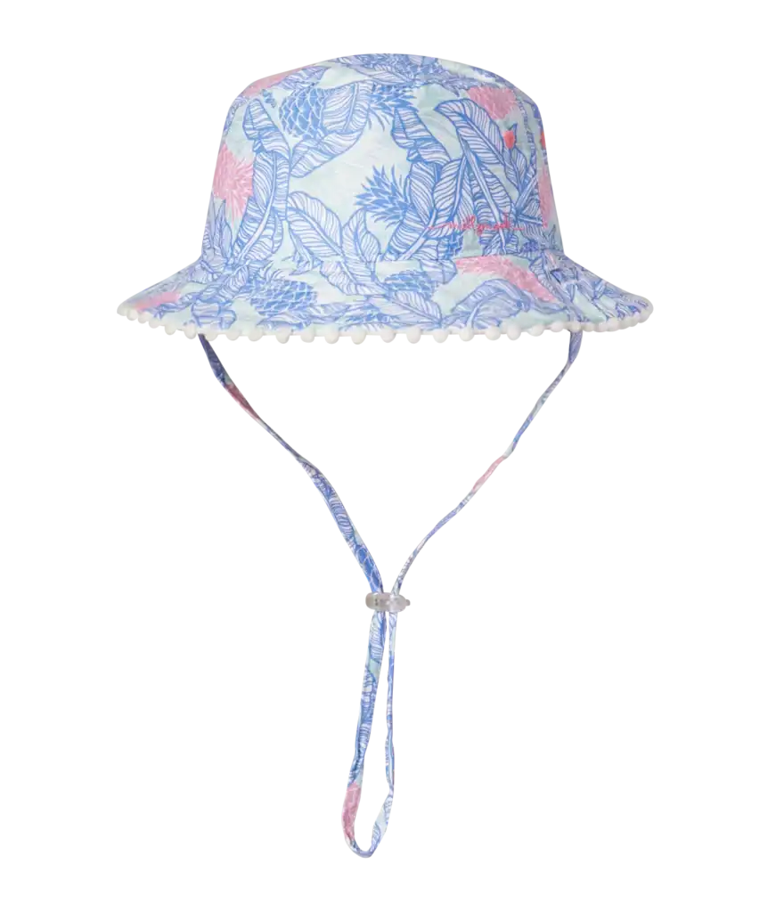 Blue floral bucket hat with chin strap