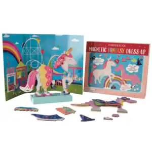 Unicorn magnetic dress-up playset with colorful background.