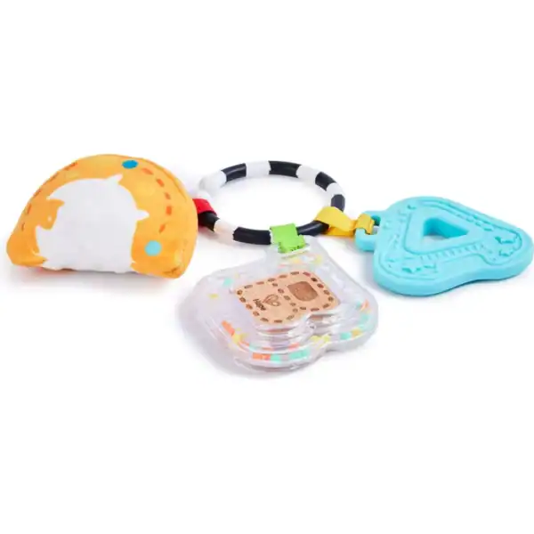 Colorful baby toy ring with sensory attachments.