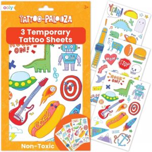 Colorful temporary tattoo sheets for kids, various designs.