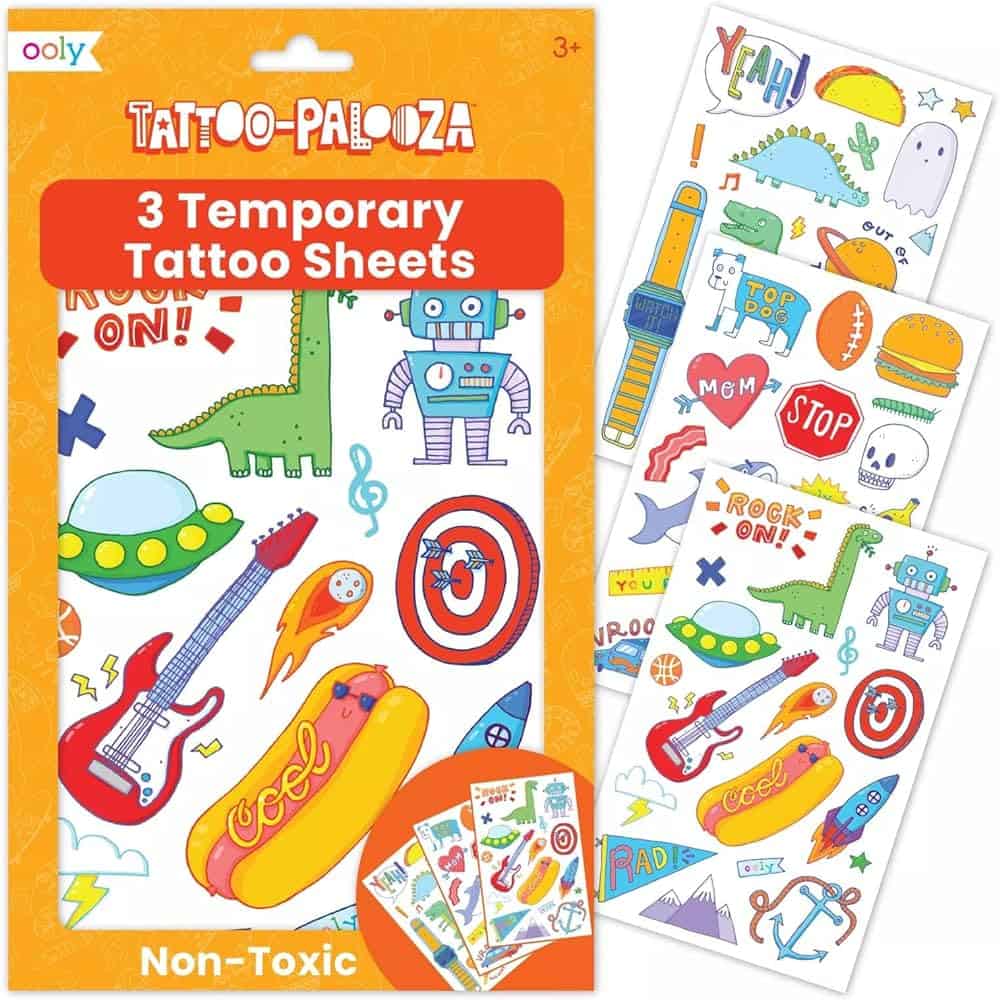 Colorful temporary tattoo sheets for kids, various designs.