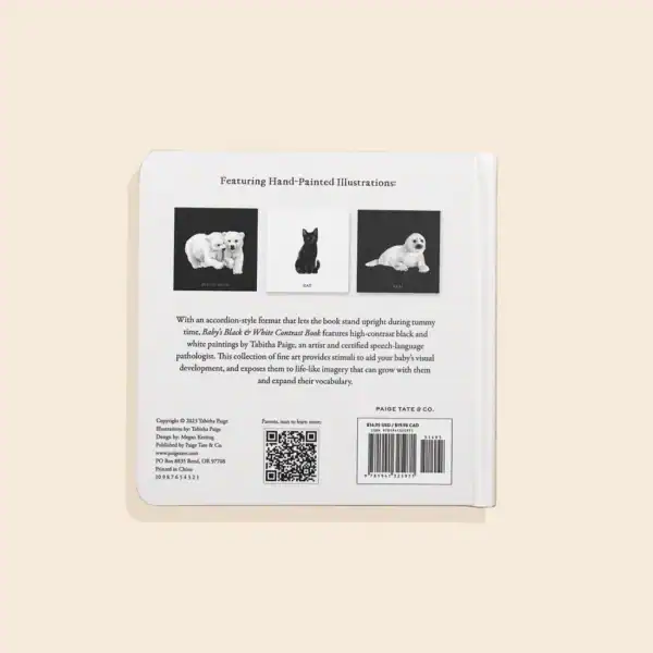 Back cover of baby's black and white contrast book.