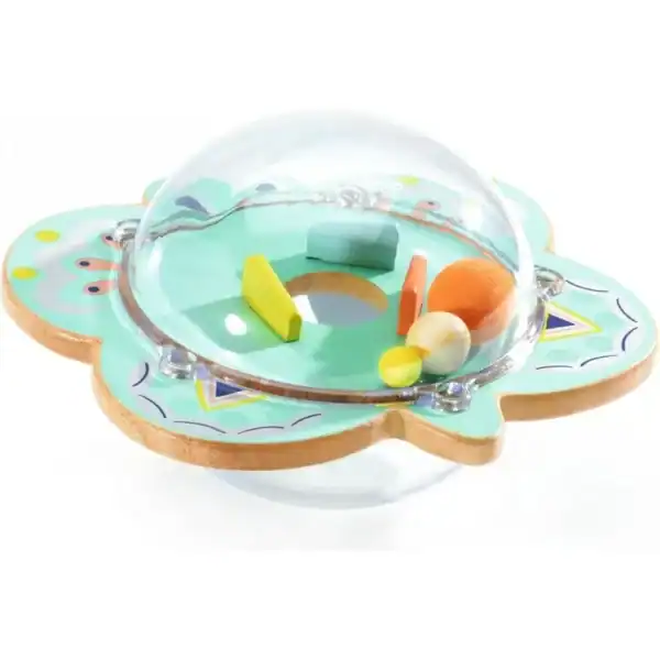 Colorful baby toy with shapes and clear dome.