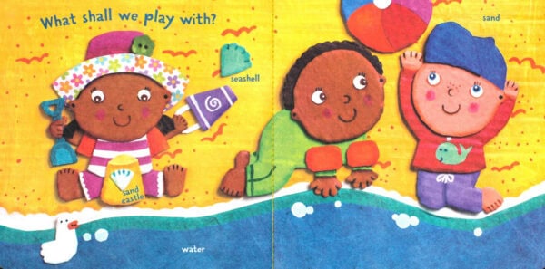 Children playing with sand and beach toys.