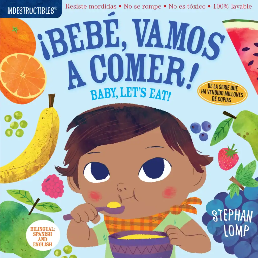 Bilingual baby book cover with fruits and toddler.